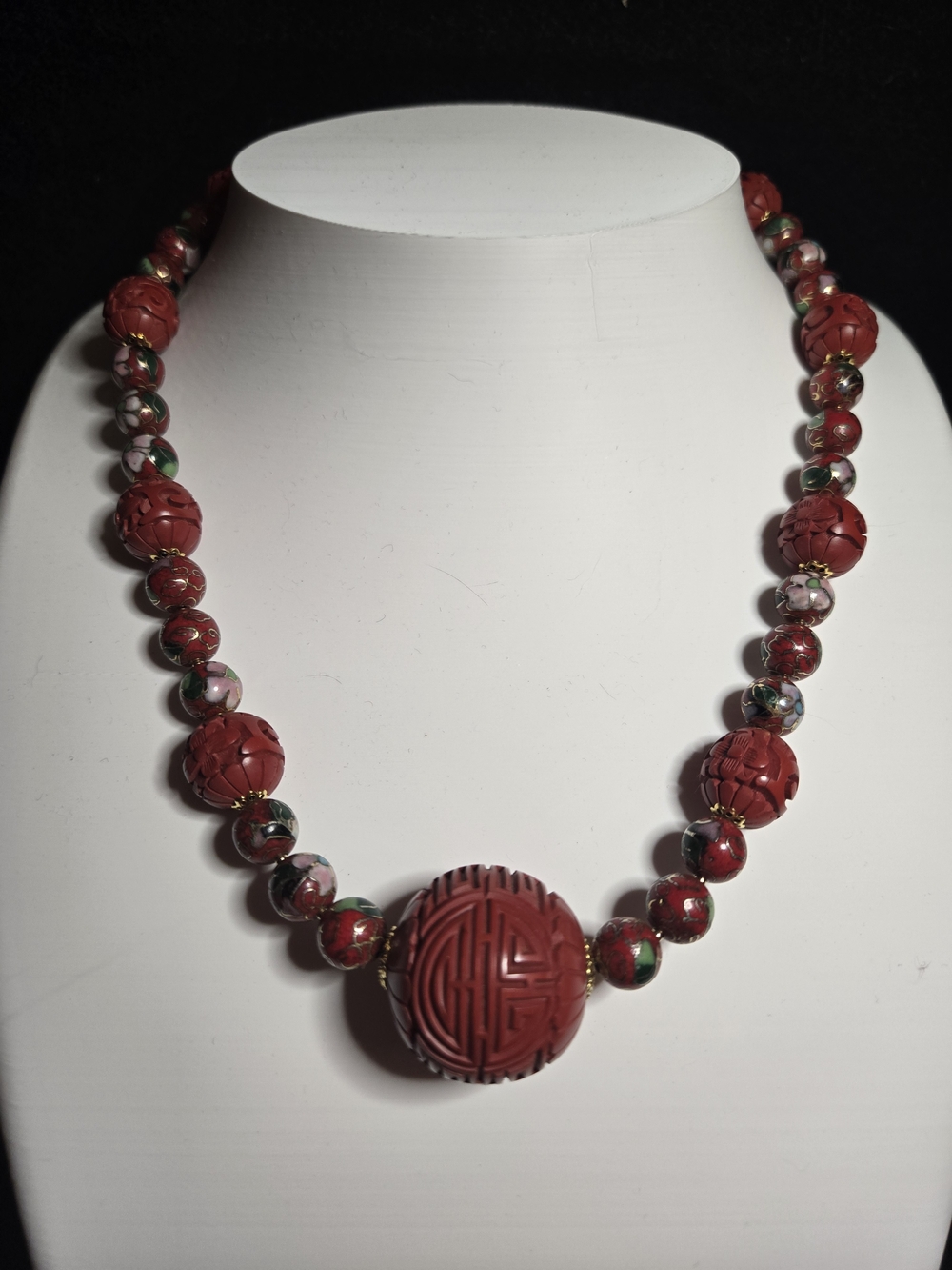 Carved Cinnabar And Red Cloisonne Necklace And Earring Set